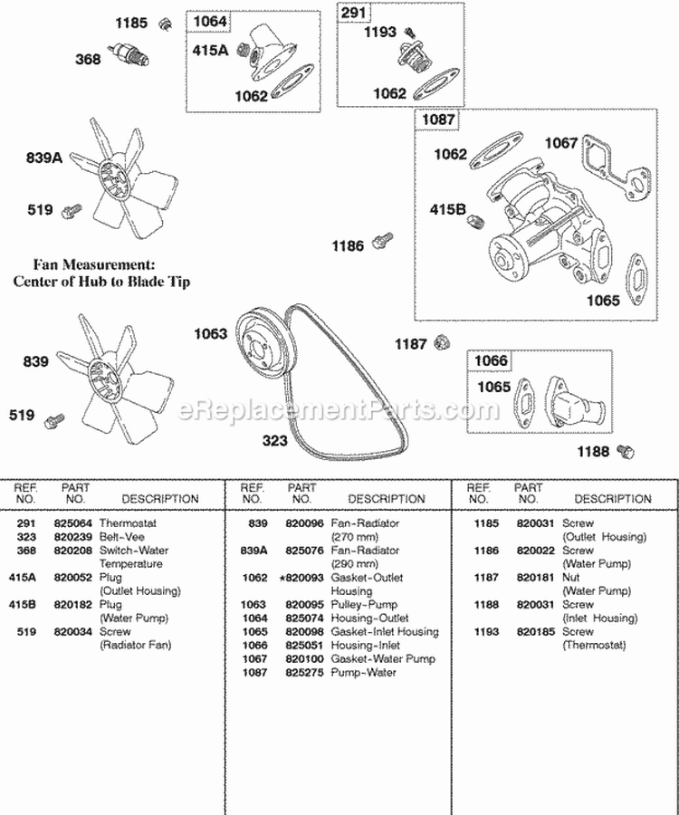Vee Belt Radiator Fan Water Pump Diagram and Parts List for 430447-0105-01  Briggs and Stratton Engine